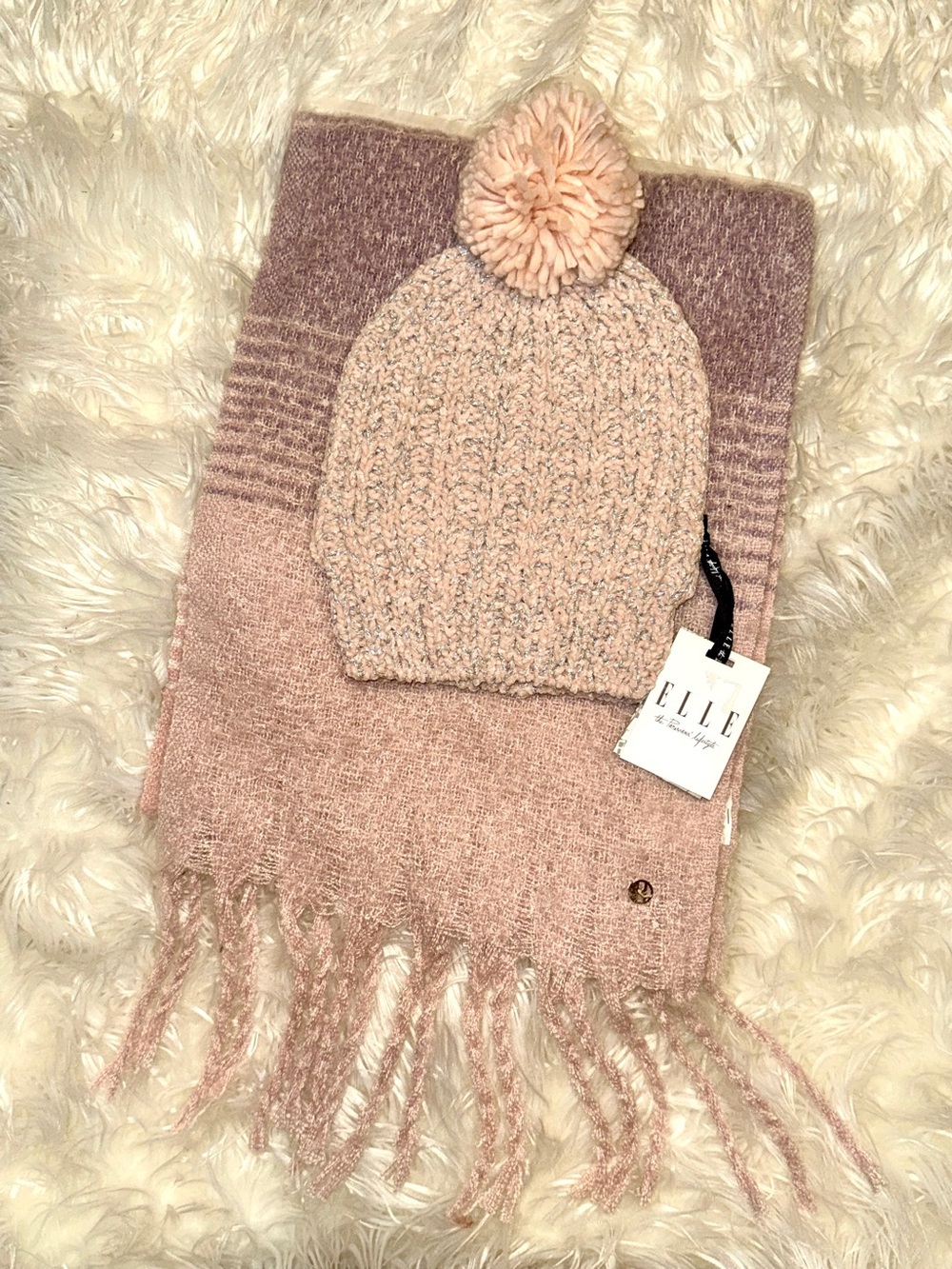 Elle Blush Pink Knit Pom Beanie and Fringe Scarf Set